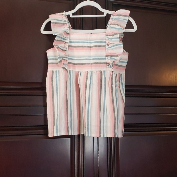 Girls stripe linen blend ruffled strap tank - Picture 4 of 5